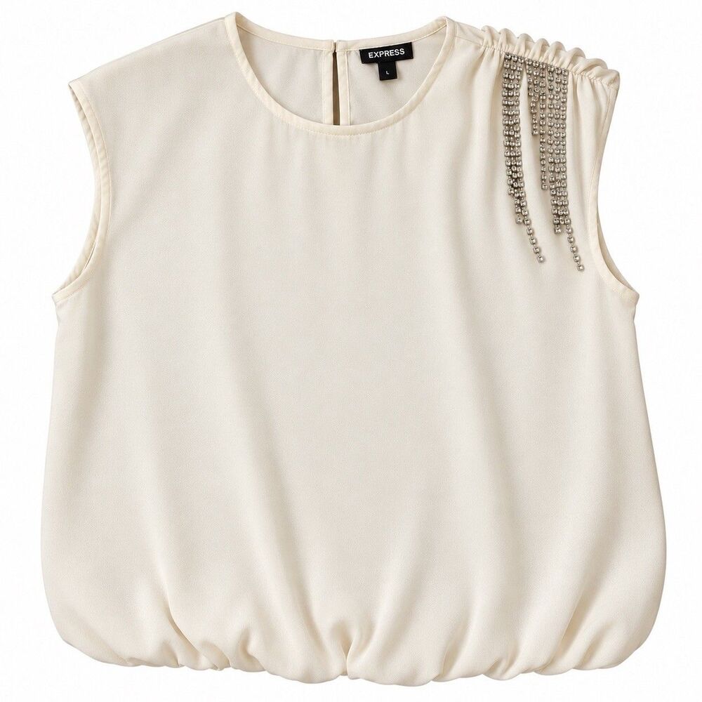 Express Women's Cream Rhinestone Bubble Hem Sleeveless Blouse L